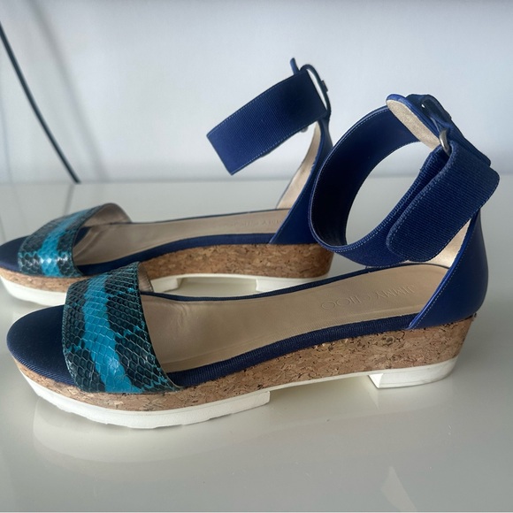 Jimmy Choo Blue Watersnake Neat Ankle Strap Cork Wedge Platform Sandals Size 40 - Picture 1 of 9